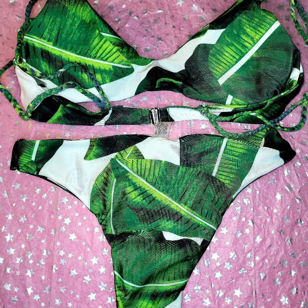 SMALL TOP / MEDIUM BOTTOM 2 PIECE SWIMSUIT WHITE & GREEN BRADED STRAPS PADS NEW - Picture 6 of 8